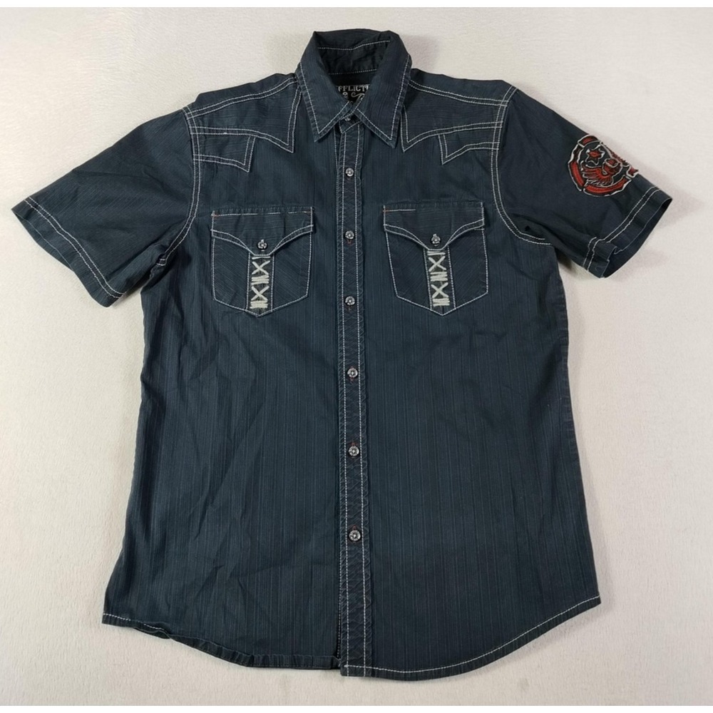 Affliction Shirt Mens Medium Black Premium Short Sleeve Button Up Embroidered